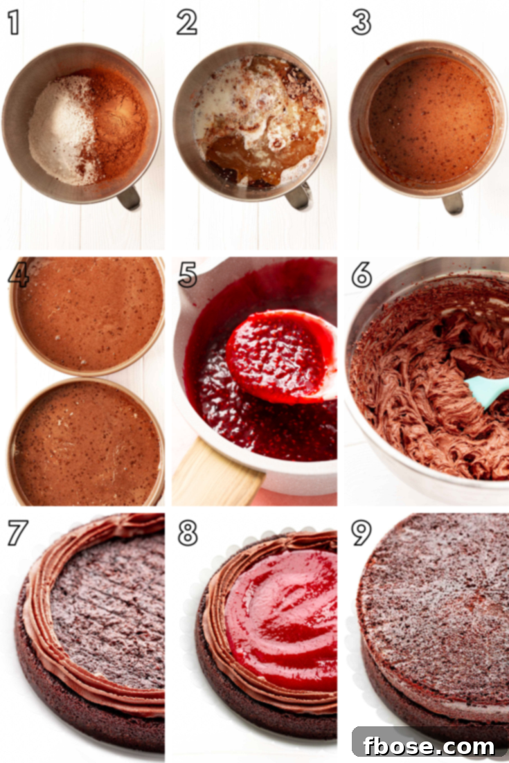 Step-by-step photo collage showing how to make chocolate raspberry cake from scratch.