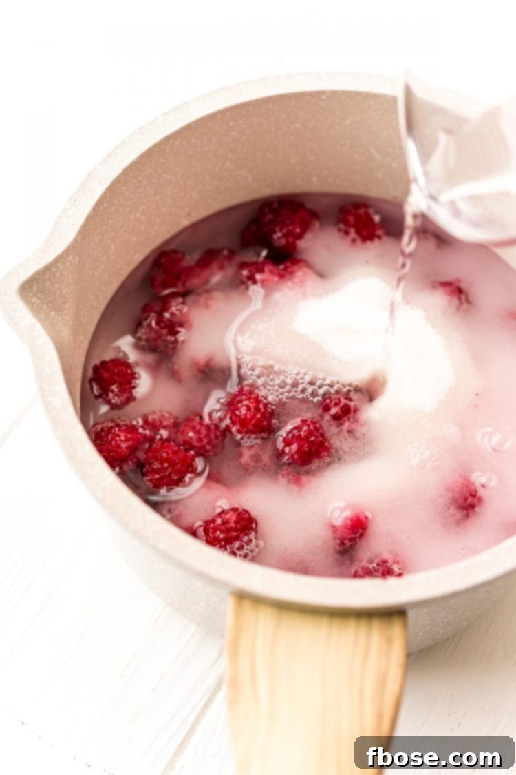 Ruby Raspberry Elixir 4 Ingredients being added to a pot to make raspberry simple syrup.