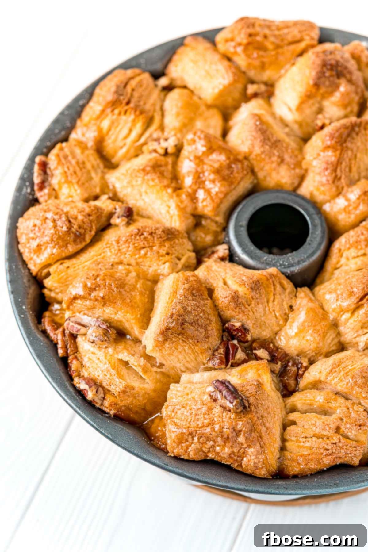 Monkey bread fully baked in the pan and ready to be flipped.