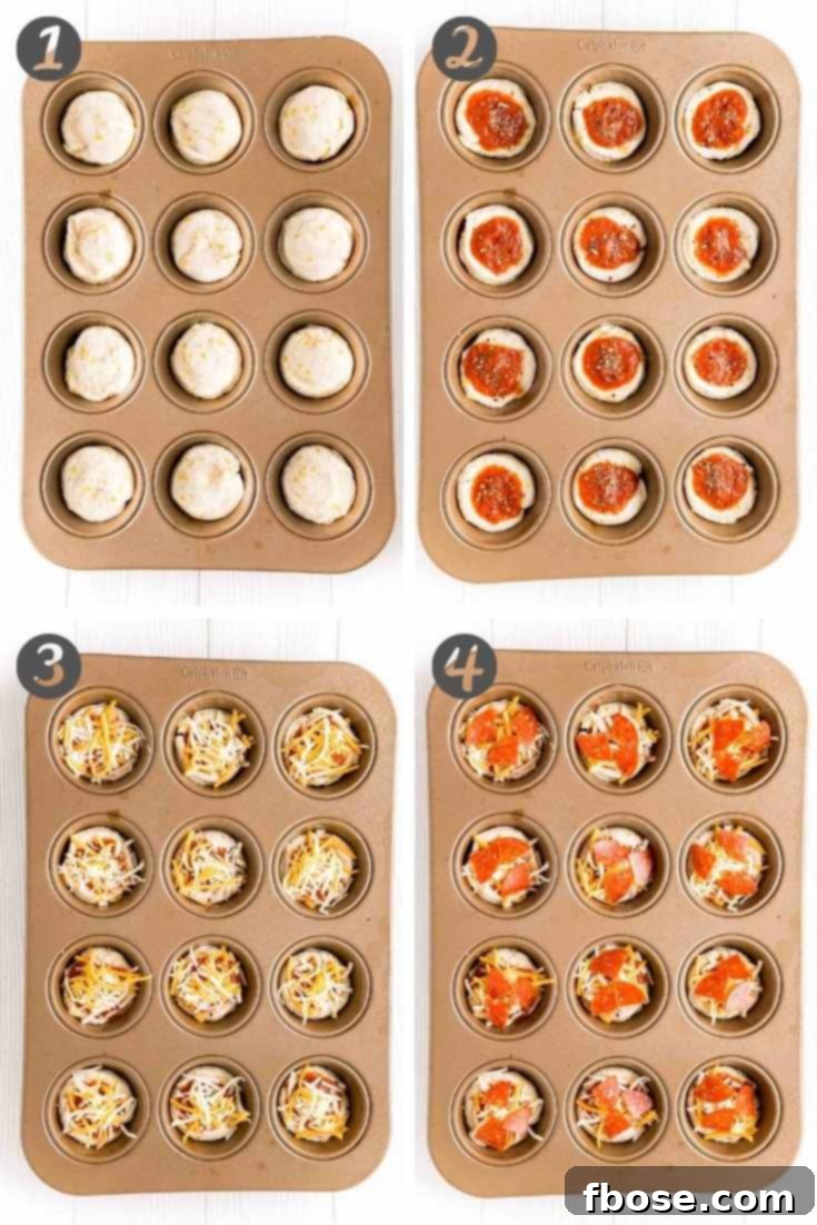 Step by step photo collage showing how to make mini pizzas in a muffin tin.