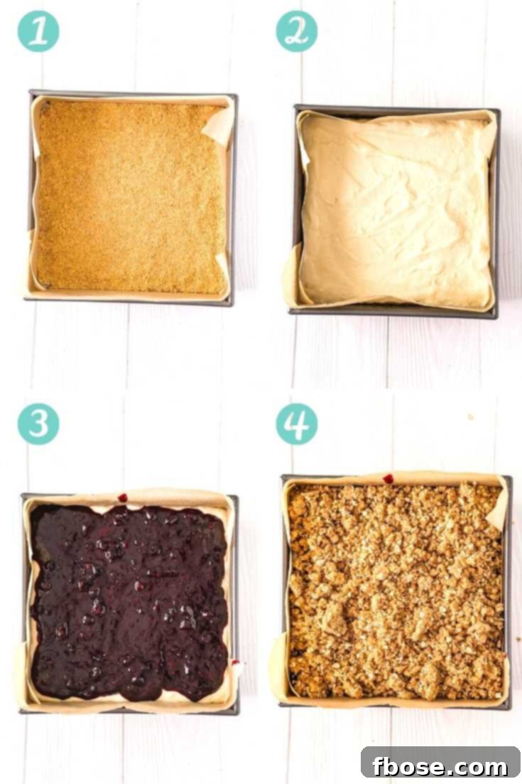 Ultimate Blueberry Cheesecake Bars 8 Step by step photo collage showing how to make blueberry cheesecake bars.