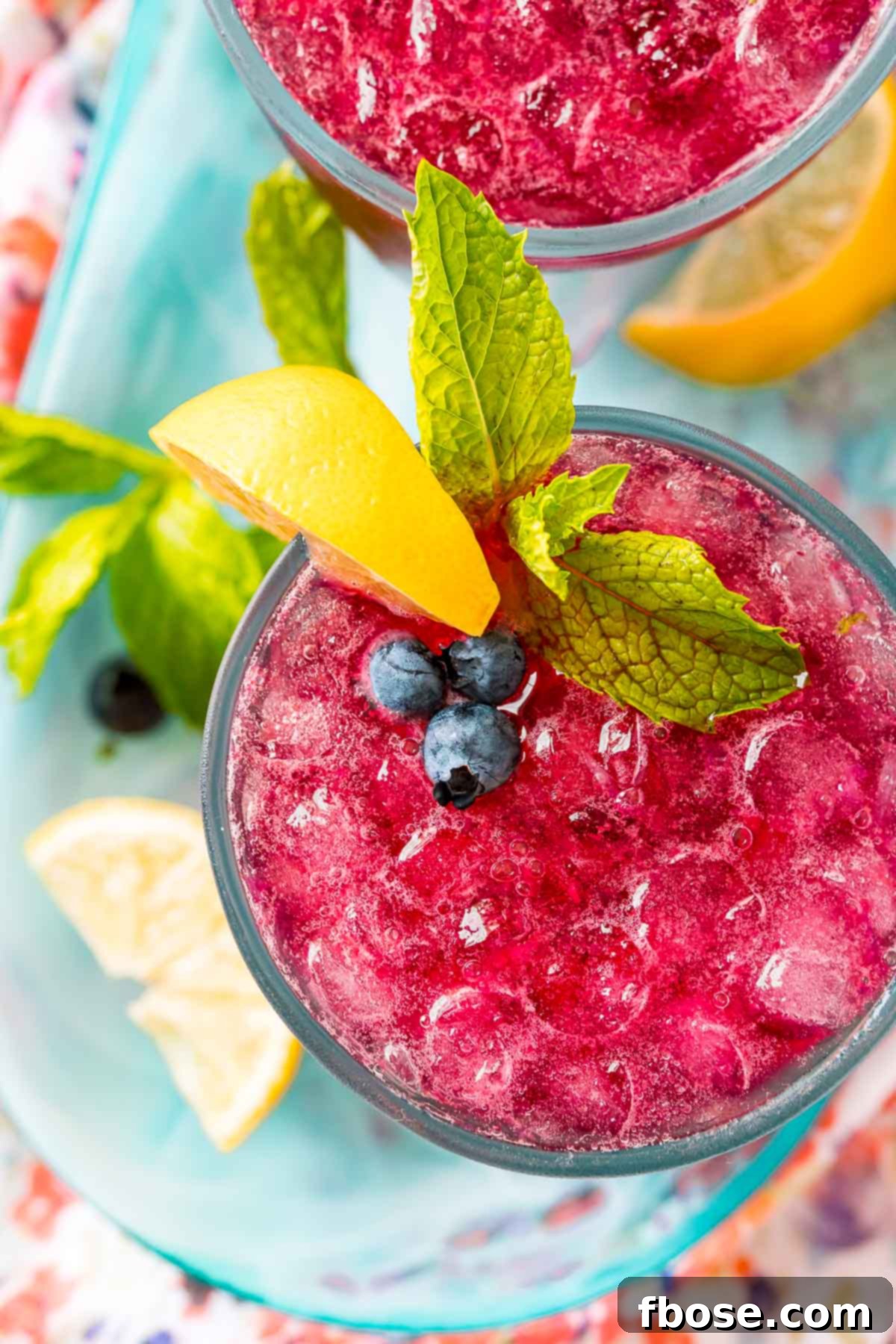 Overhead photo of a blueberry cocktail with lemon and mint garnish.