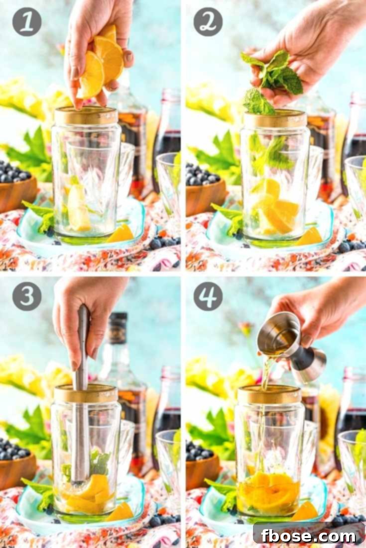 Photo collage showing how to make a blueberry whiskey smash.