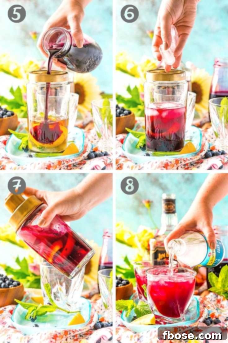 Photo collage showing how to make a blueberry bourbon smash cocktail.