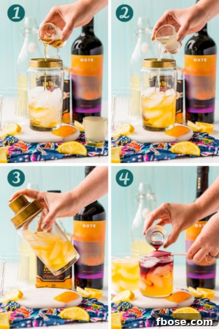 Metropolitan Sour 3 step by step photo collage showing how to make a New York Sour.