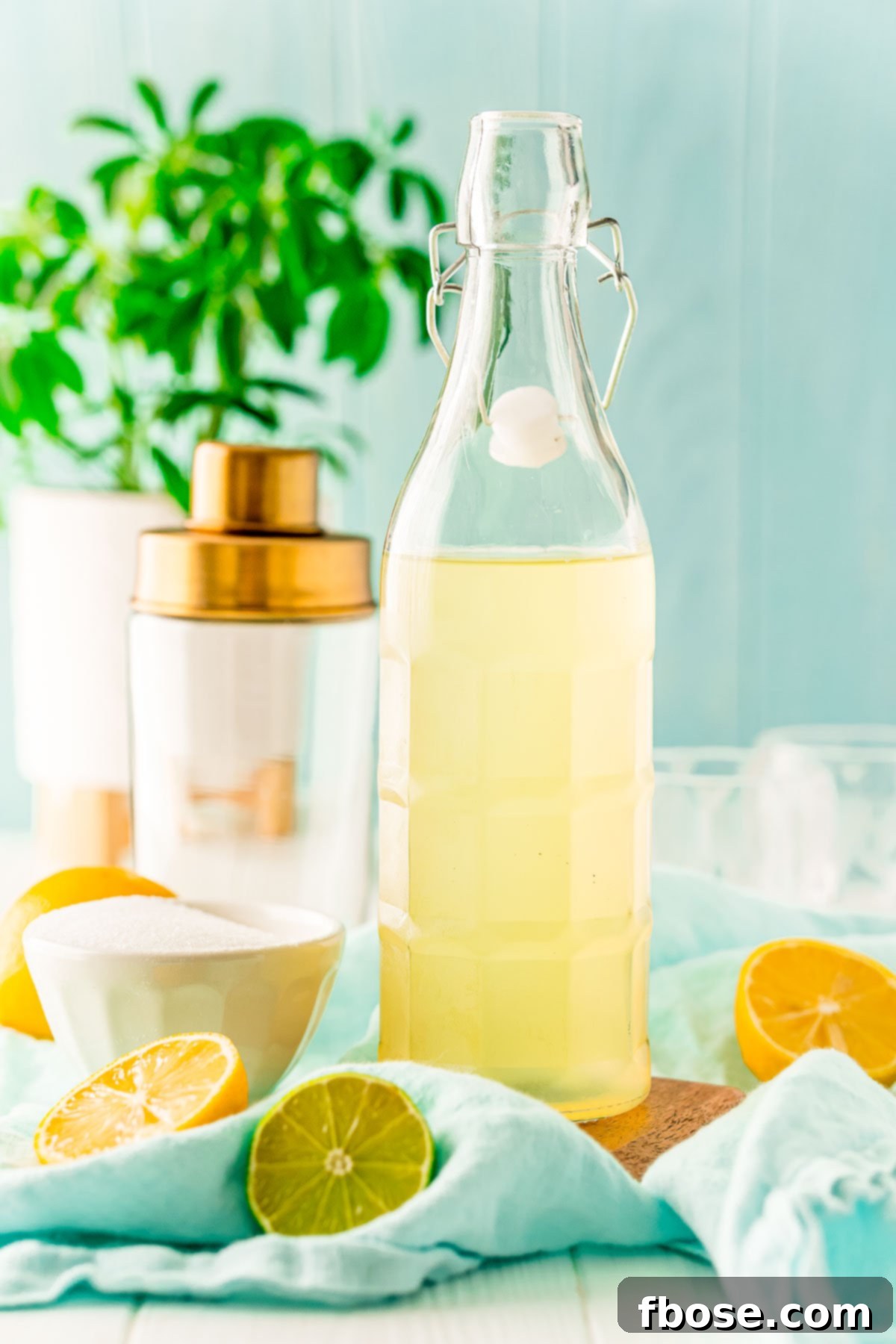 Bottle of homemade sour mix with lemons and limes around it and a cocktail shaker in the background.