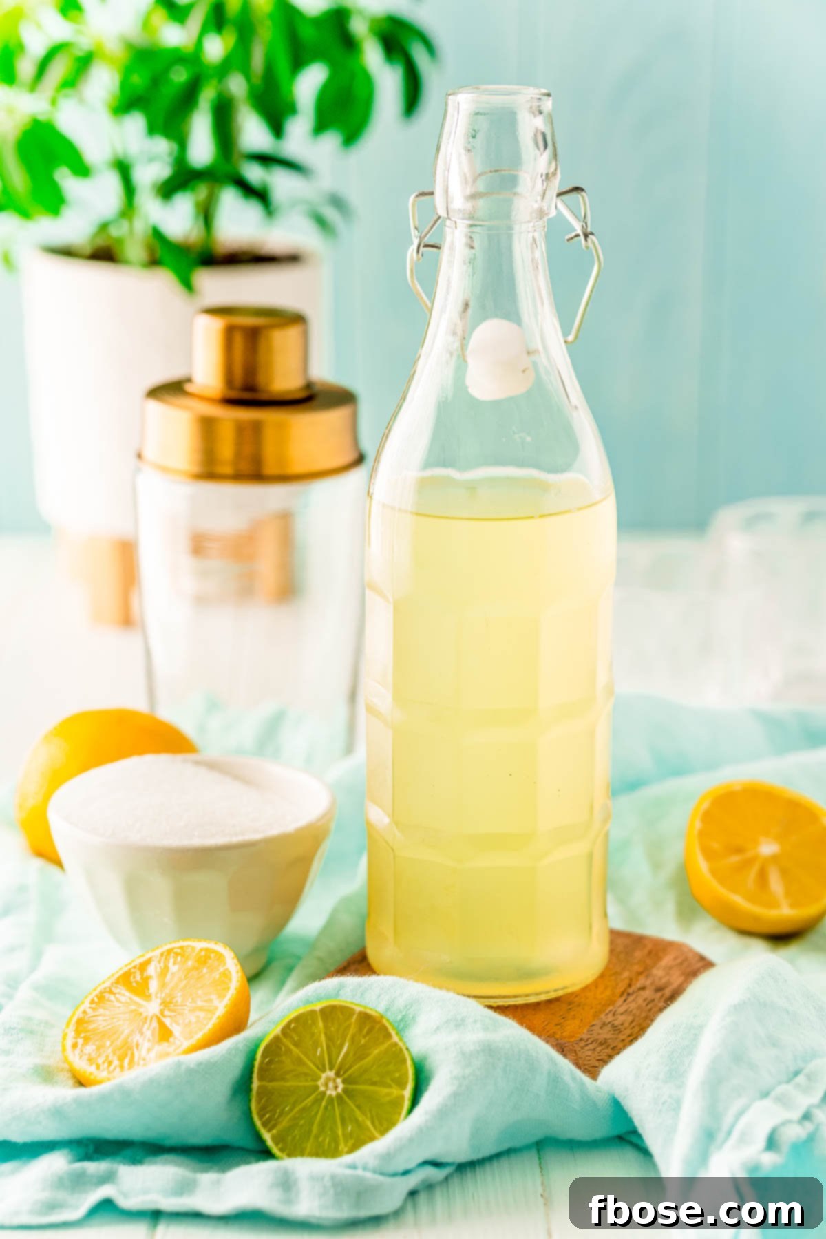 Bottle of homemade sour mix with lemons and limes around it and a cocktail shaker in the background.