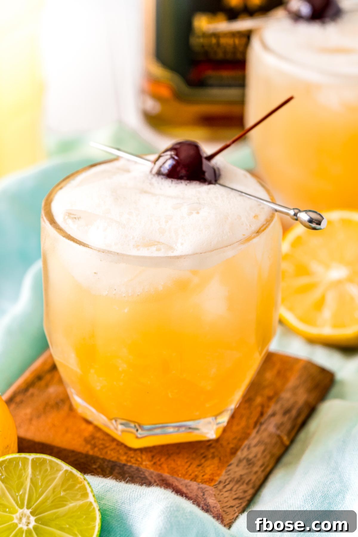 Crafting the Perfect Bourbon Sour 2 Whiskey Sour on a wood coaster on a mint color napkin.