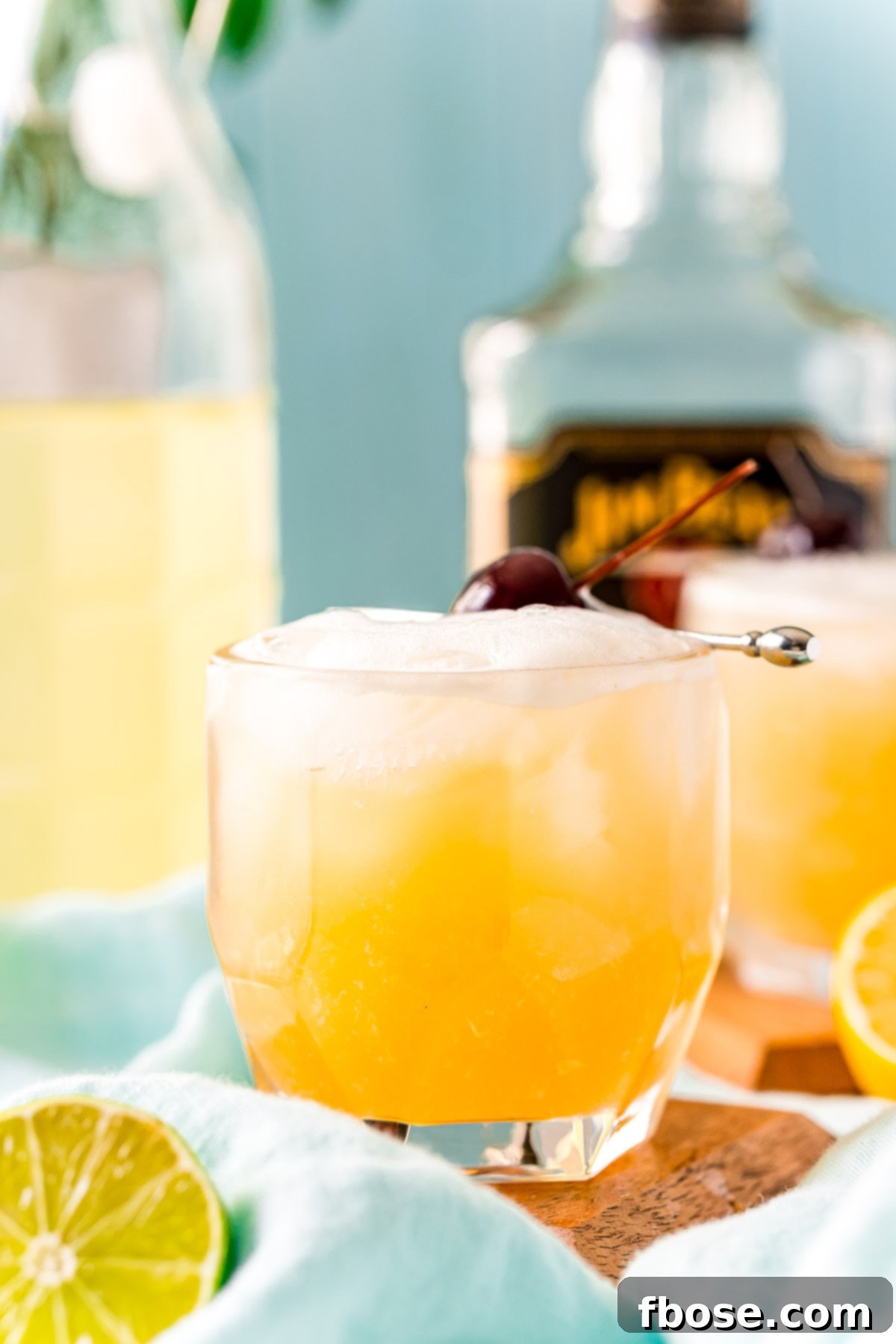 Crafting the Perfect Bourbon Sour 3 Straight on photo of a whiskey sour on a wood coaster with bottles of bourbon and sour mix in the background.
