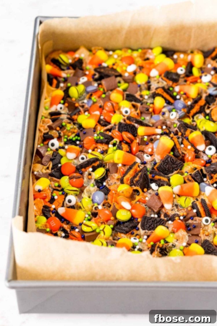 Spellbound Seven-Layer Bars 7 Halloween Magic 7 layer bars in a baking pan.
