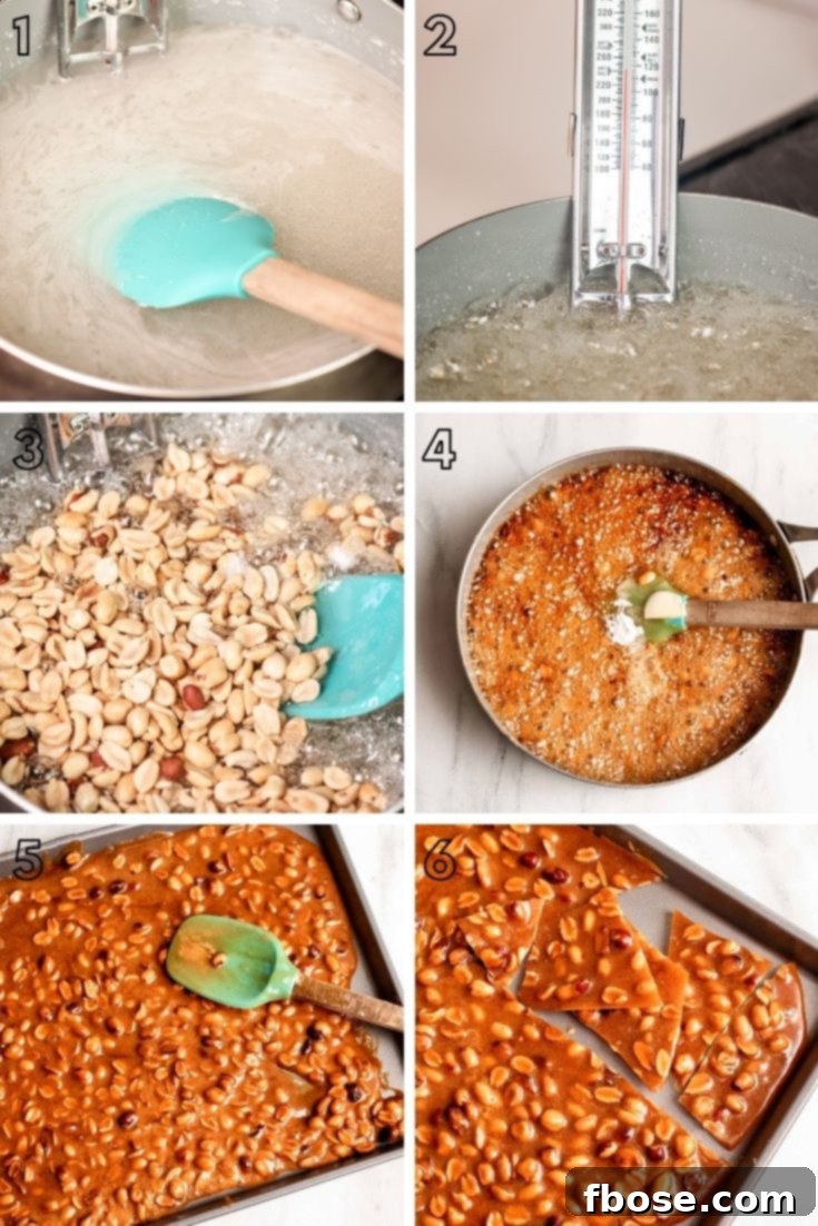 Step-by-step photo collage showing how to make peanut brittle.