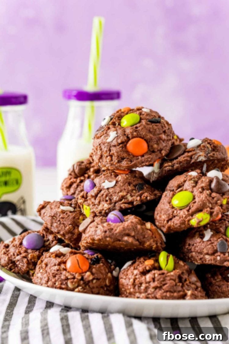 Halloween chocolate cookies on a white plate with a purple background and glasses on milk in the background.