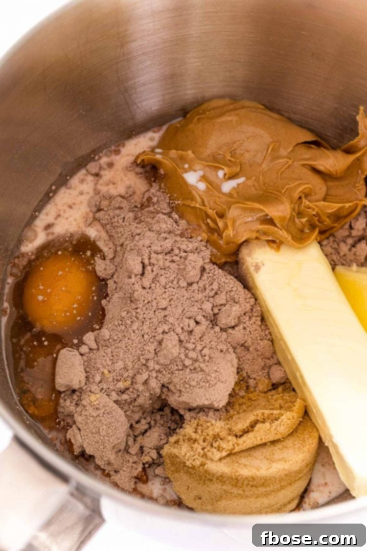 Close up photo of cake mix, butter, egg, and peanut butter in a mixing bowl.