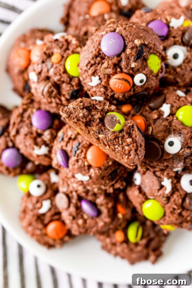 Close up photo of chocolate halloween cookies on a white plate. One of the cookies has a bite taken out of it.
