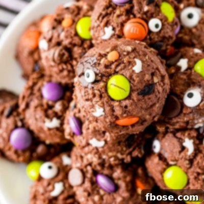 Close up photo of Halloween Monster cookies on a white plate on a black and white striped napkin.