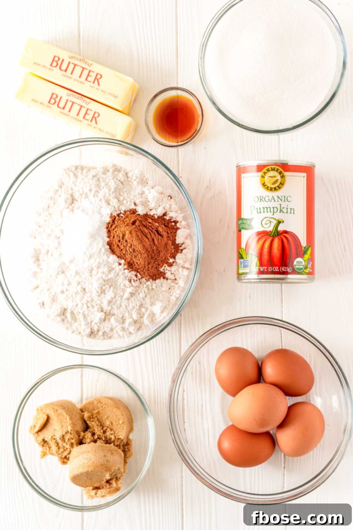 Overhead photo of prepper ingredients to make pumpkin pound cake.