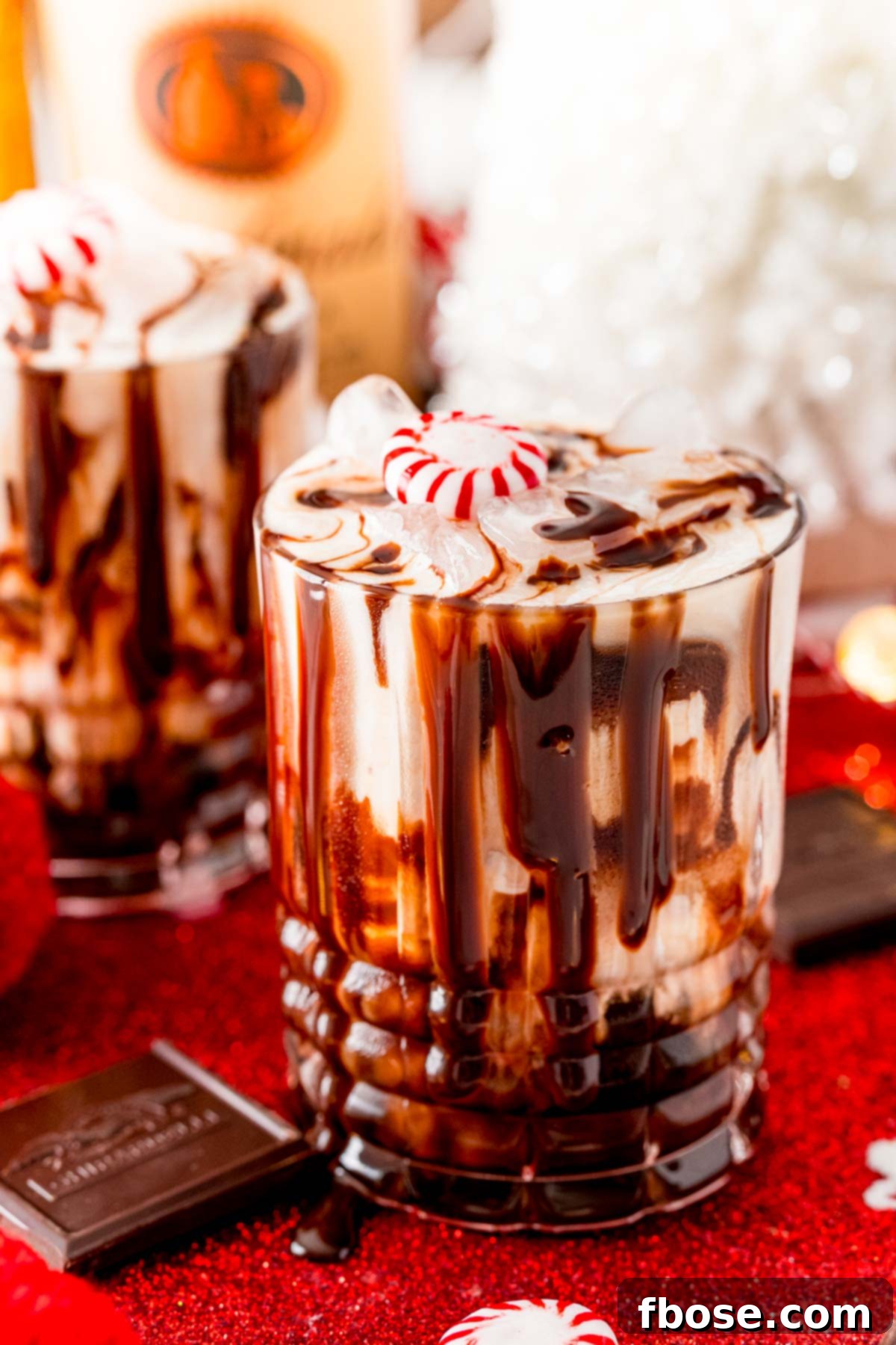 Close up photo of a peppermint chocolate white russian.