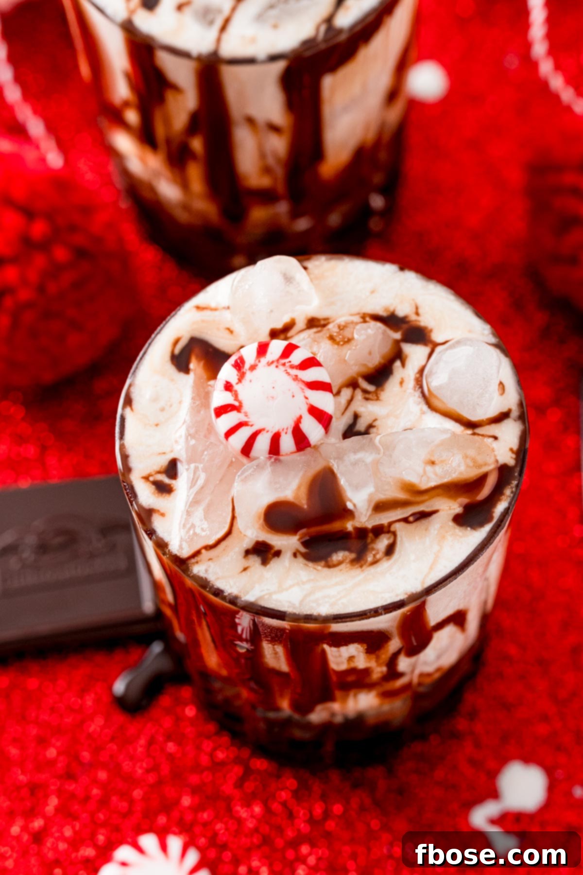 Close up photo of a chocolate peppermint white russian cocktail.