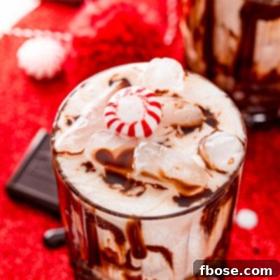 Close up photo of a chocolate peppermint white russian cocktail.