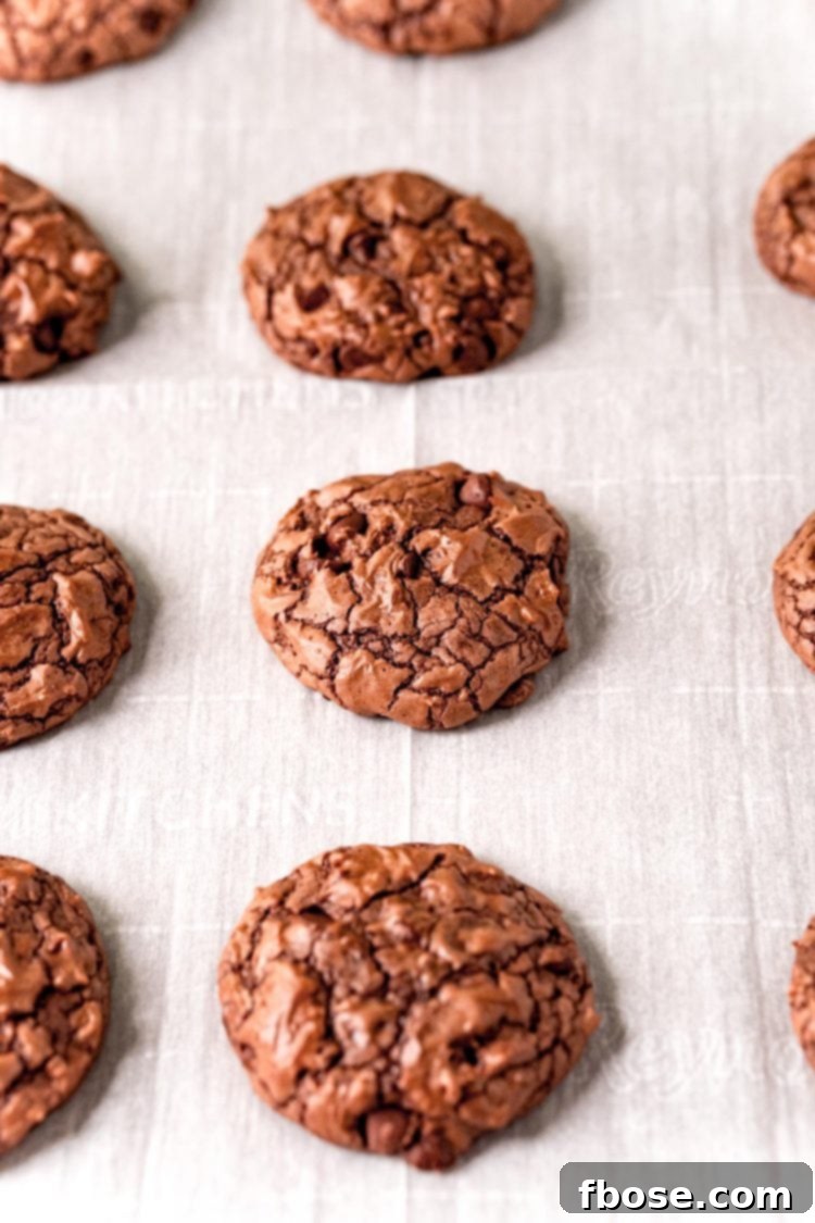 Brownie cookies on a parchment lined baking sheet, fresh out of the oven and cooling.