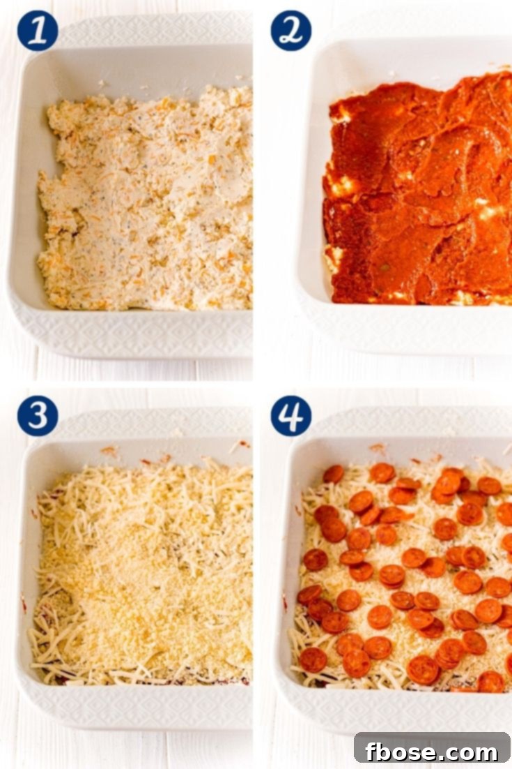Step-by-step photo collage showing how to make pizza dip.