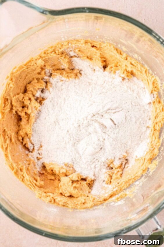 Dry ingredients being adding to cookie dough in a mixing bowl.