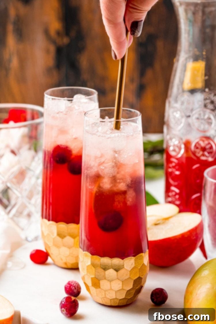 Ruby Red Apple Cider Punch 6 A festive red drink being stirred with a spoon, highlighting the effervescent club soda and garnishes.