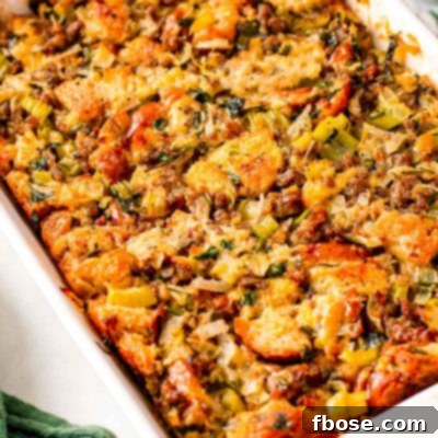 Close up photo of sausage stuffing in a white baking dish with a green napkin next to it.