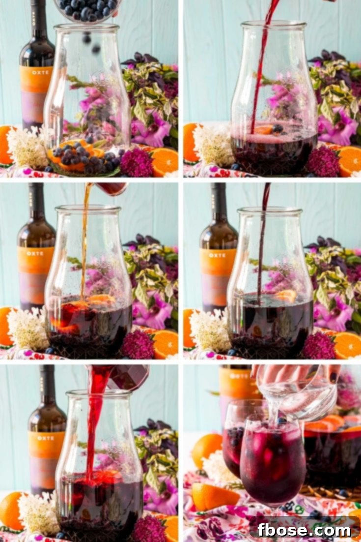 step-by-step-photo collage showing how to make blueberry sangria.