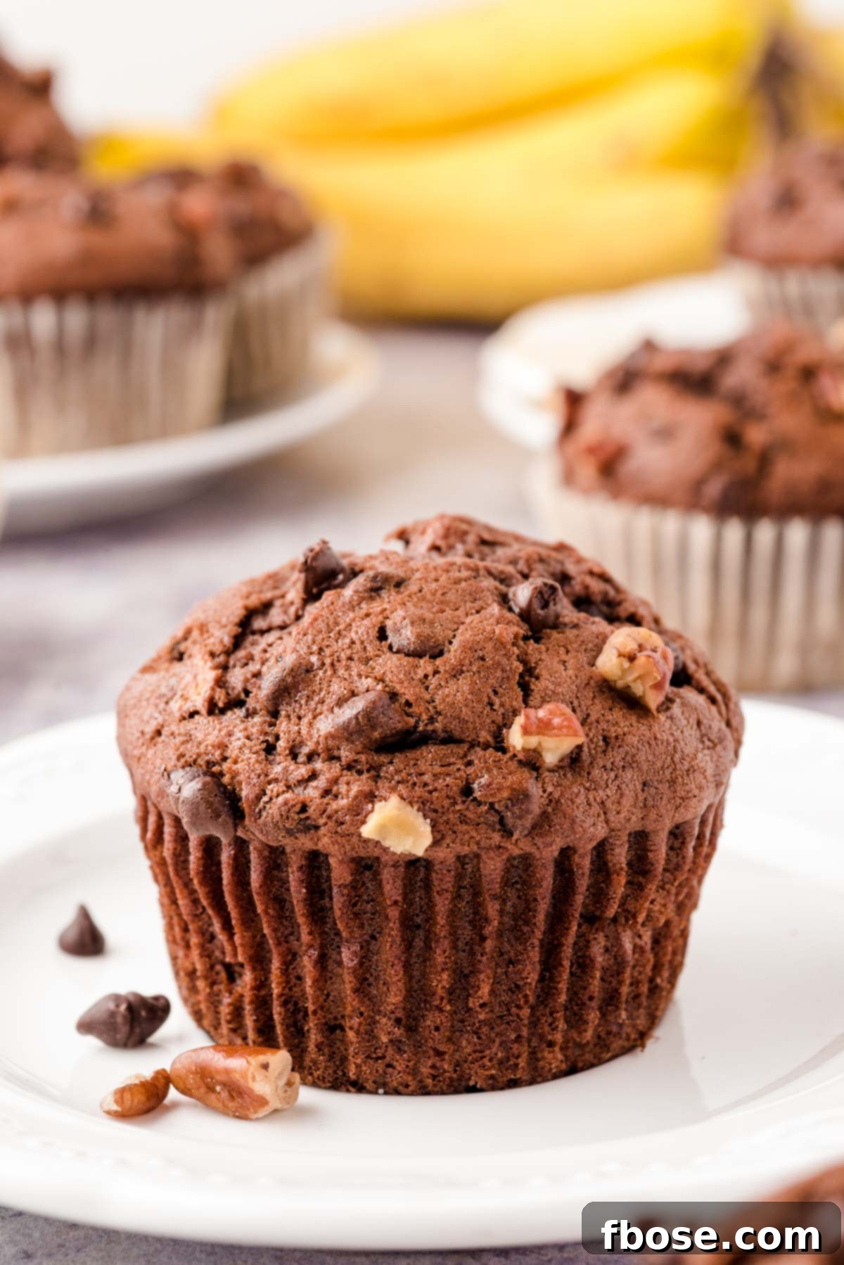 Freshly baked Chocolate Banana Muffins arranged artfully on a pristine white plate.