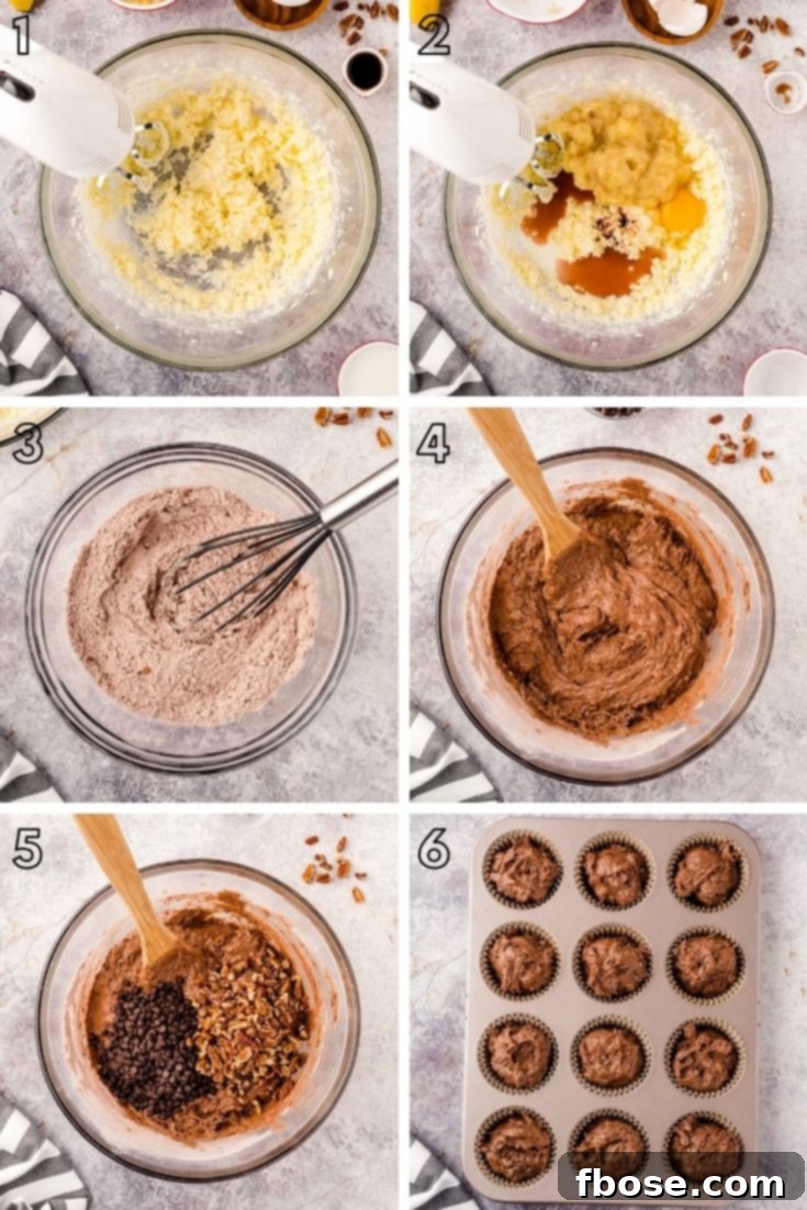 A step-by-step photo collage illustrating the process of making delicious chocolate banana muffins from scratch.