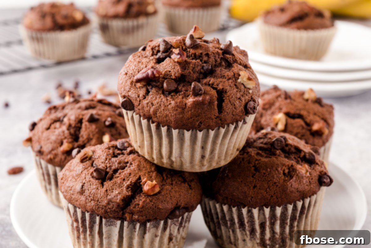A delectable stack of chocolate chip banana muffins piled on top of each other on a white plate, showcasing their inviting texture.