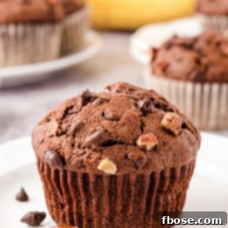 Chocolate Banana Muffins on a white plate.