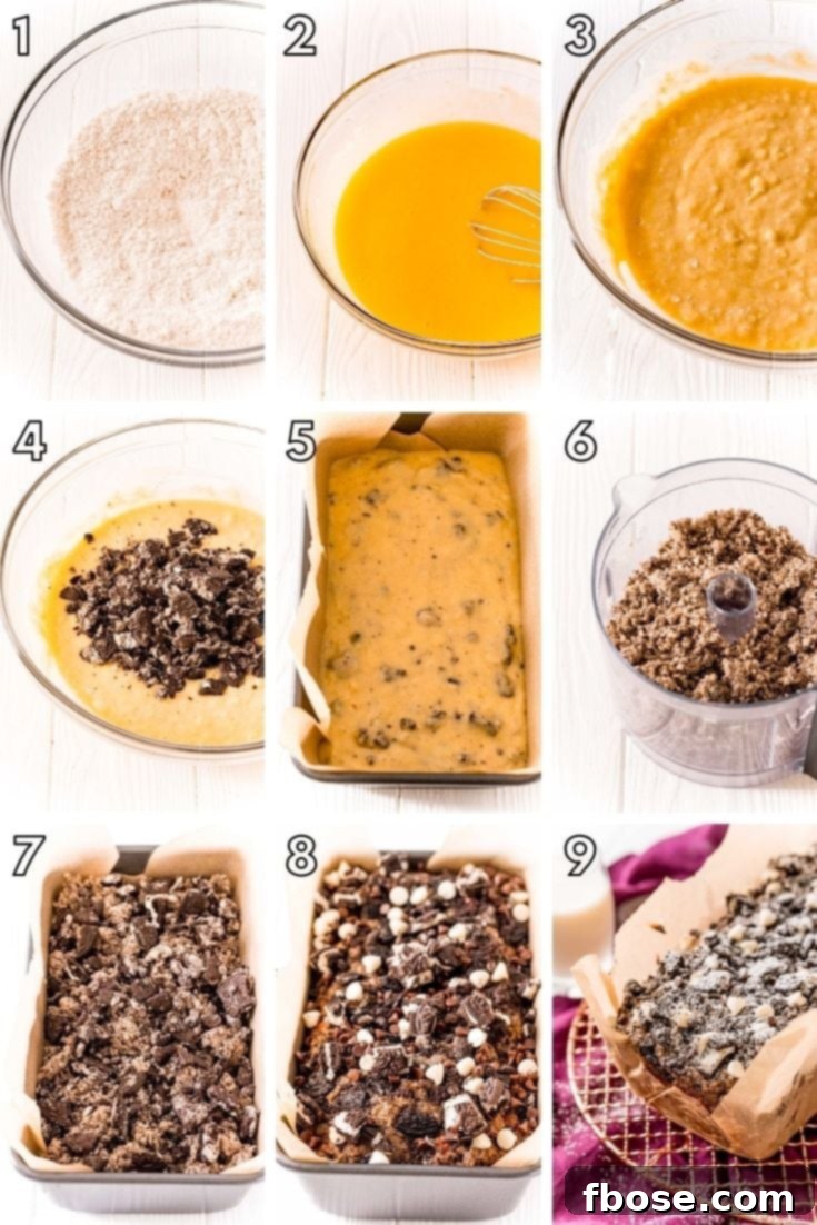 A step-by-step photo collage illustrating the process of making Oreo crumb cake, from mixing ingredients to final topping.