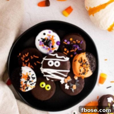 Overhead photo of halloween chocolate covered oreos on a black plate surrounded by pumpkins and candy corn.