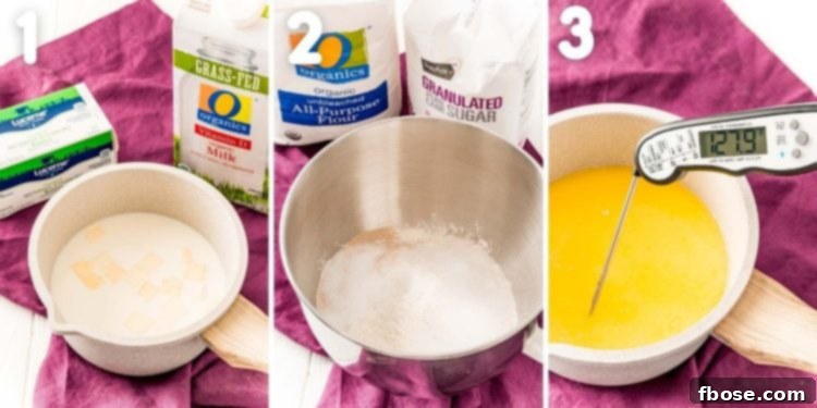 Step-by-step photo collage showing the initial stages of making sticky buns, including mixing ingredients and heating liquids.