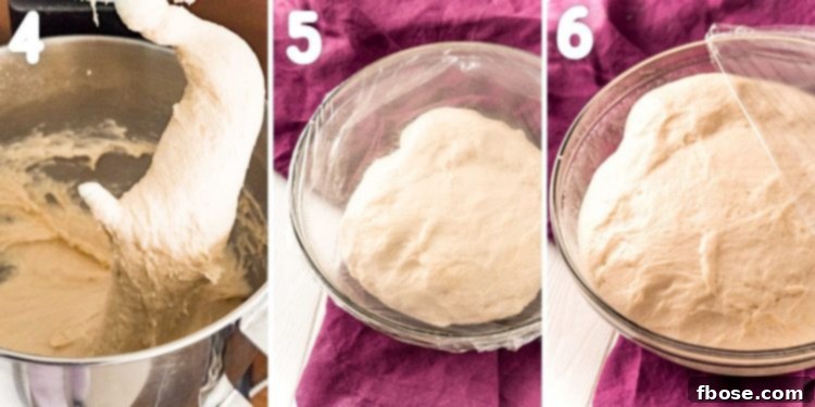 Step-by-step photo collage illustrating the dough rising and then being rolled out for sticky buns.