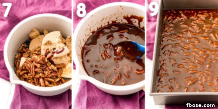 Step-by-step photo collage showing the sticky bun topping being prepared and poured into the baking dish.