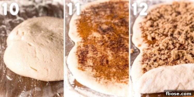 Step-by-step photo collage demonstrating how to fill and roll the sticky bun dough.