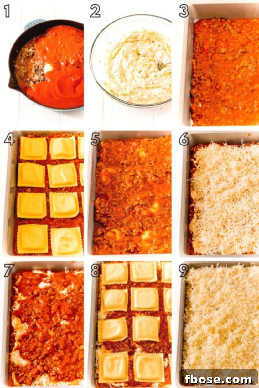 Step by step photo collage showing how to make ravioli lasagna, illustrating preparation and layering.