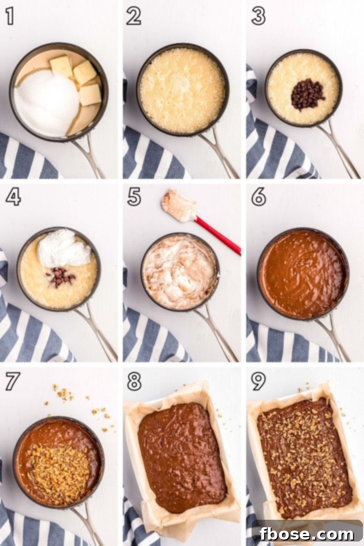 A step-by-step photo collage illustrating the process of making chocolate walnut fudge, from melting ingredients to pouring into a pan.