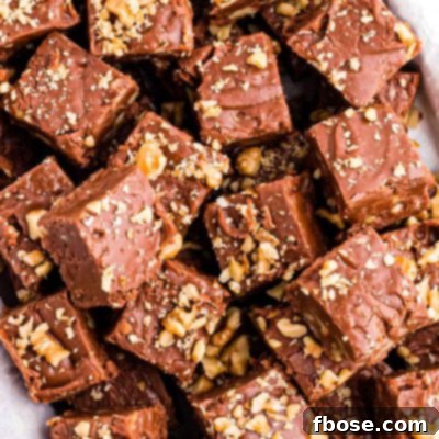 Overhead photo of a bunch of pieces of walnut chocolate fudge on a plate.