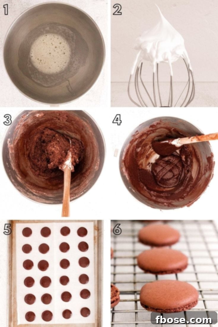 Step-by-step photo collage showing how to make chocolate macaron shells.
