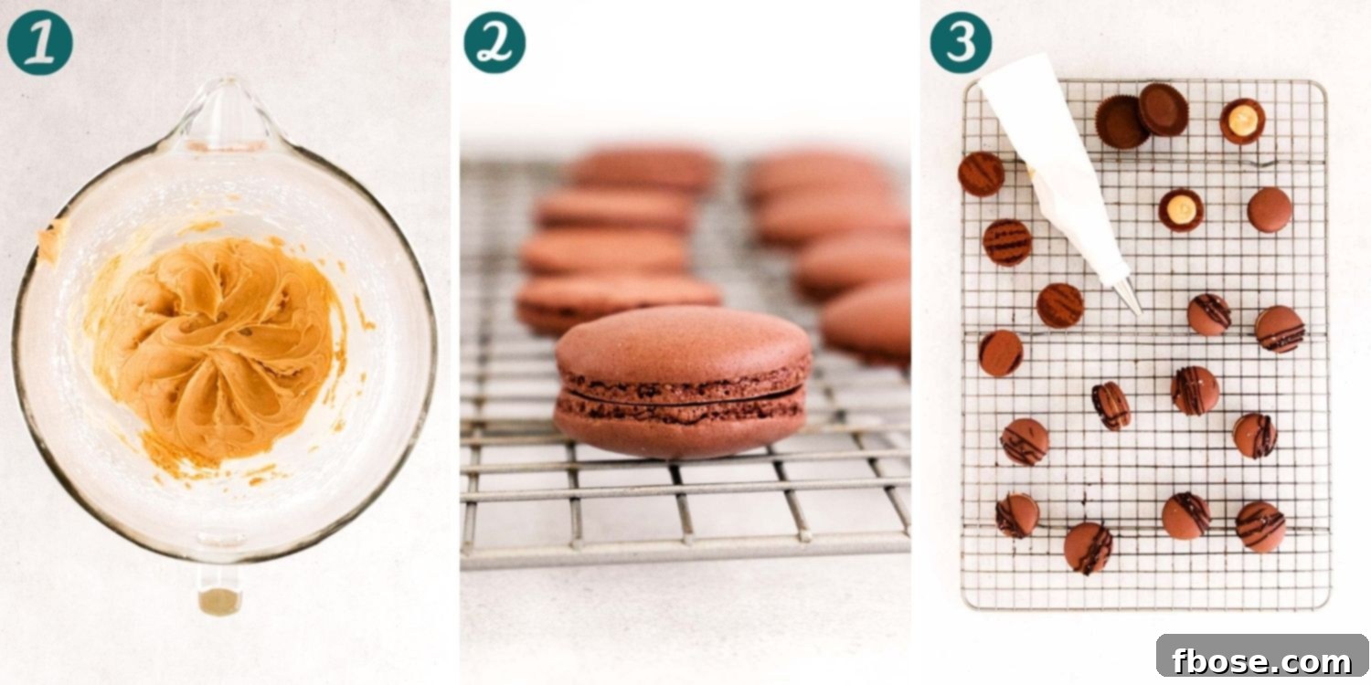 Step-by-step photo collage showing how to make macarons.