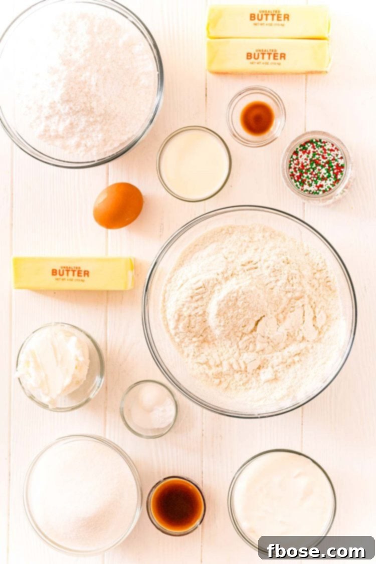 Overhead photo displaying an assortment of fresh ingredients laid out, ready to be used for making a batch of delicious sugar cookies.