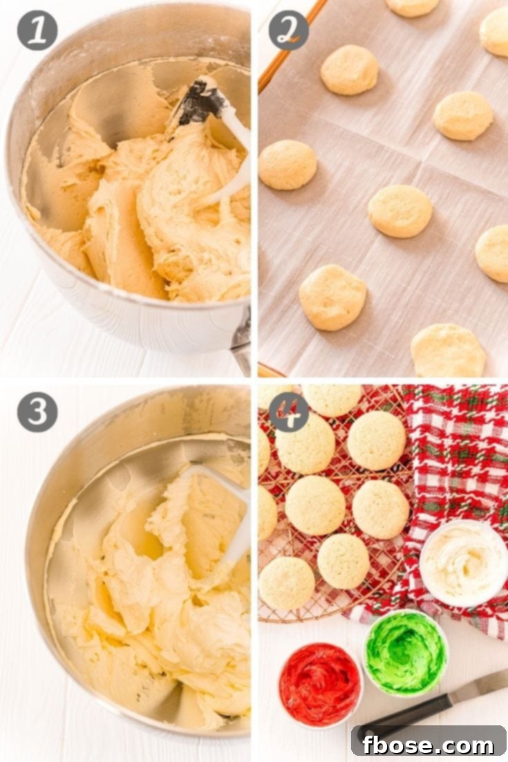 A step-by-step photo collage illustrating the process of making soft Christmas sugar cookies, from ingredients to finished, decorated treats.
