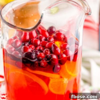 Crimson & Citrus Yuletide Sparkler 10 Close up photo of mimosa punch in a pitcher with cranberries.