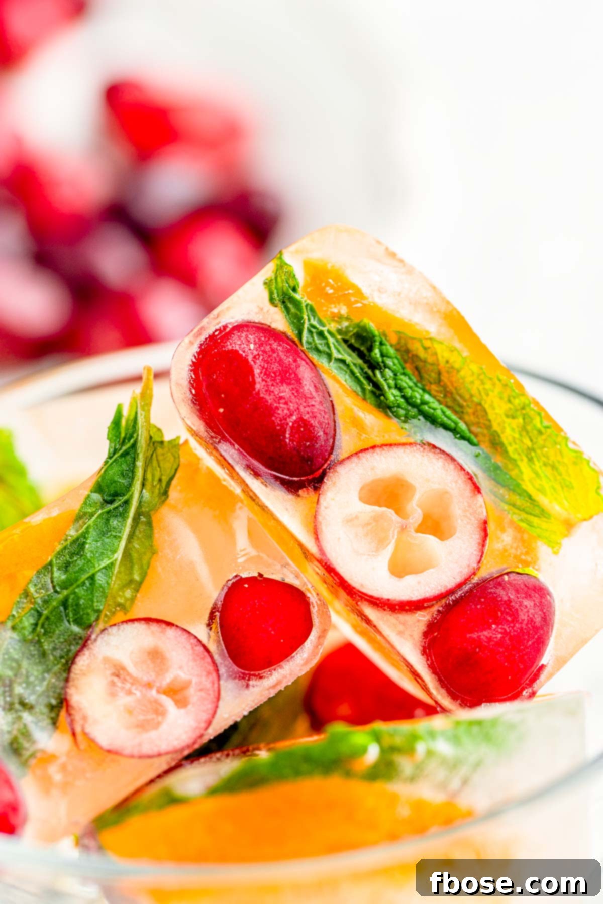 Close up photo of ice cubes with cranberries, orange slices, and fresh mint leaves frozen inside, ready for holiday drinks.