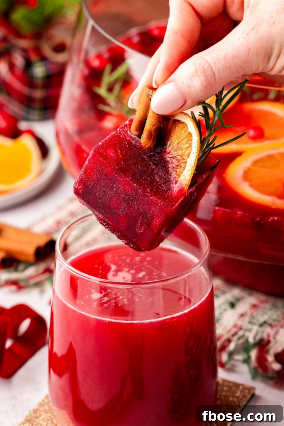 A festive Christmas ice cube, garnished with cranberries and mint, being carefully dropped into a glass of holiday punch.