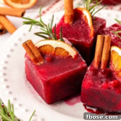 Christmas Ice Cubes made with pomegranate juice on a plate.